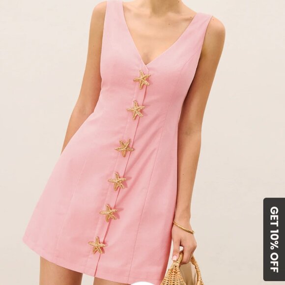 NWT Commense Sleeveless Pink V-Neck Mini Dress with Gold Starfish Button Size S - Picture 1 of 5